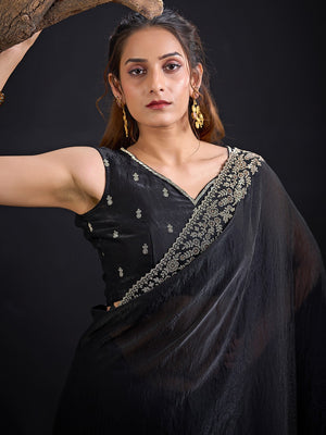 Glamorous Black Solid Satin Silk Saree Adorned With Floral Stone Embellished Border - Image 2