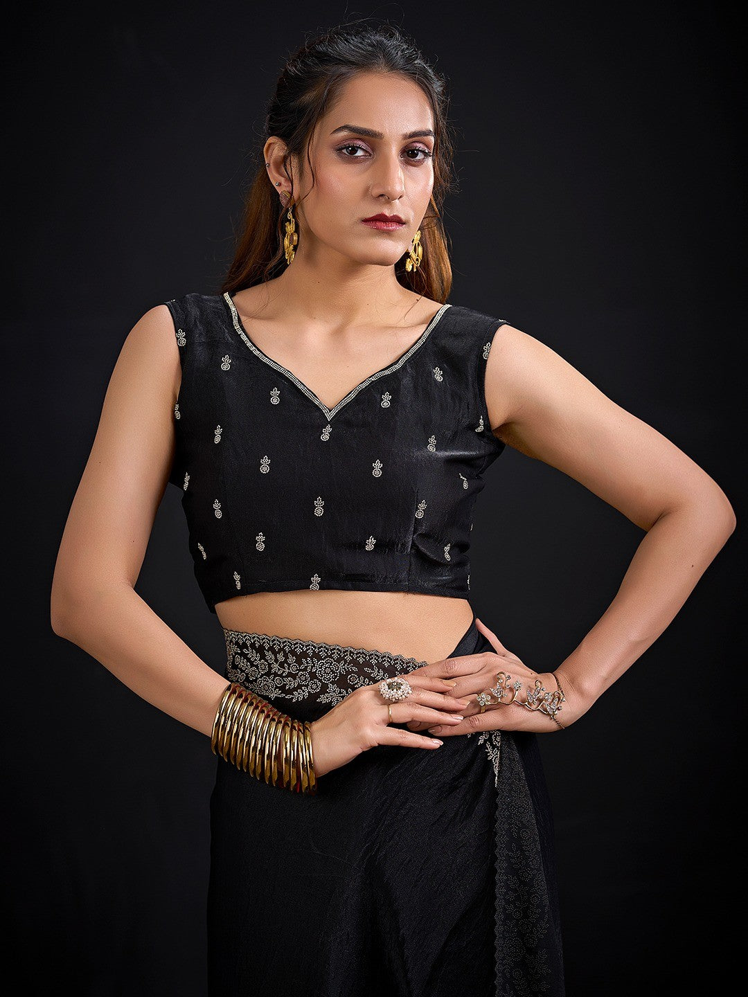 Glamorous Black Solid Satin Silk Saree Adorned With Floral Stone Embellished Border - Image 4