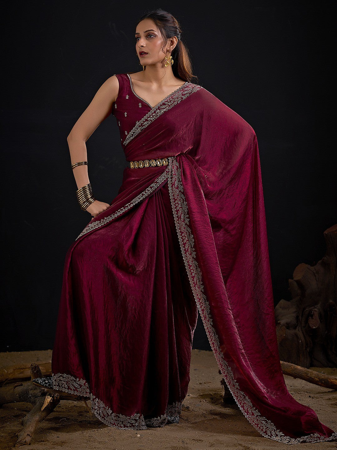 Glamorous Maroon Solid Satin Silk Saree Adorned With Floral Stone Embellished Border - Image 1