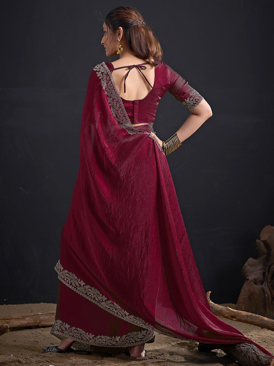 Glamorous Maroon Solid Satin Silk Saree Adorned With Floral Stone Embellished Border - Image 3