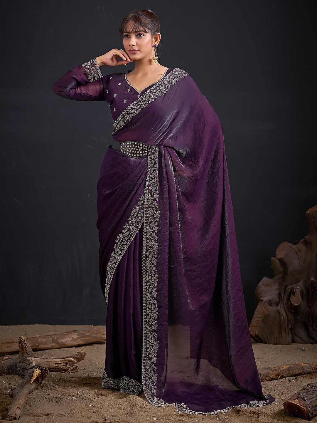 Glamorous Purple Solid Satin Silk Saree Adorned With Floral Stone Embellished Border - Image 1