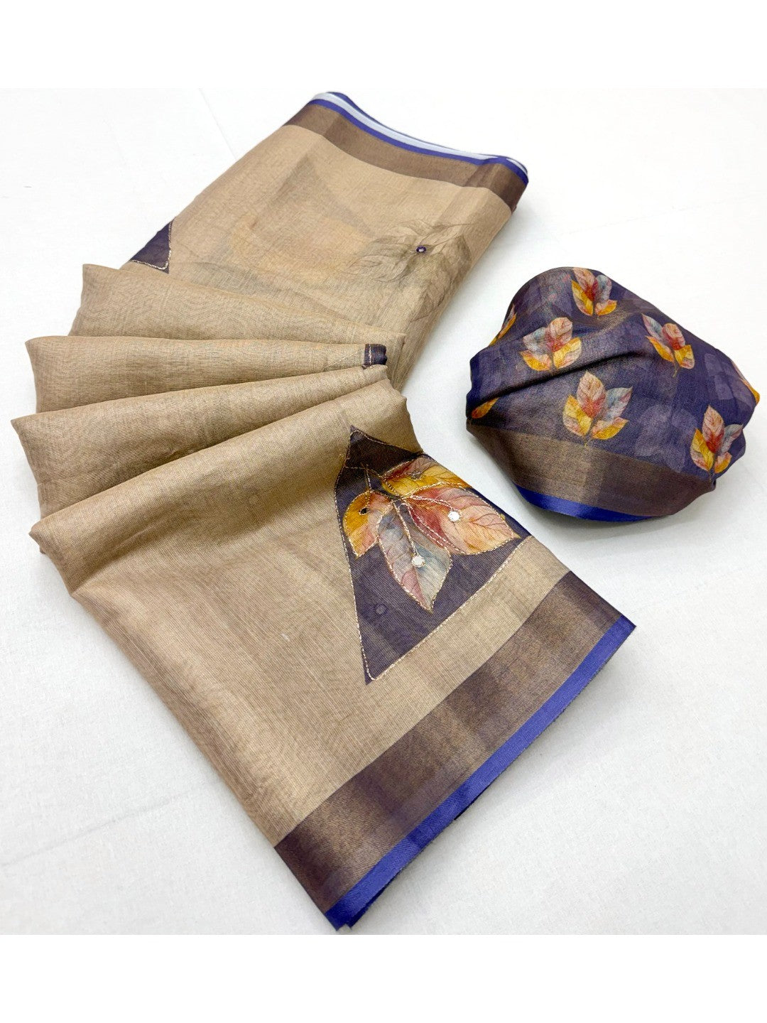 Beige Cotton Blend Saree with Blue Floral Pattern Ethnic Wear - Image 3