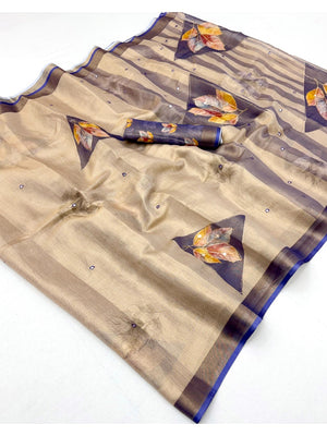 Beige Cotton Blend Saree with Blue Floral Pattern Ethnic Wear - Image 2