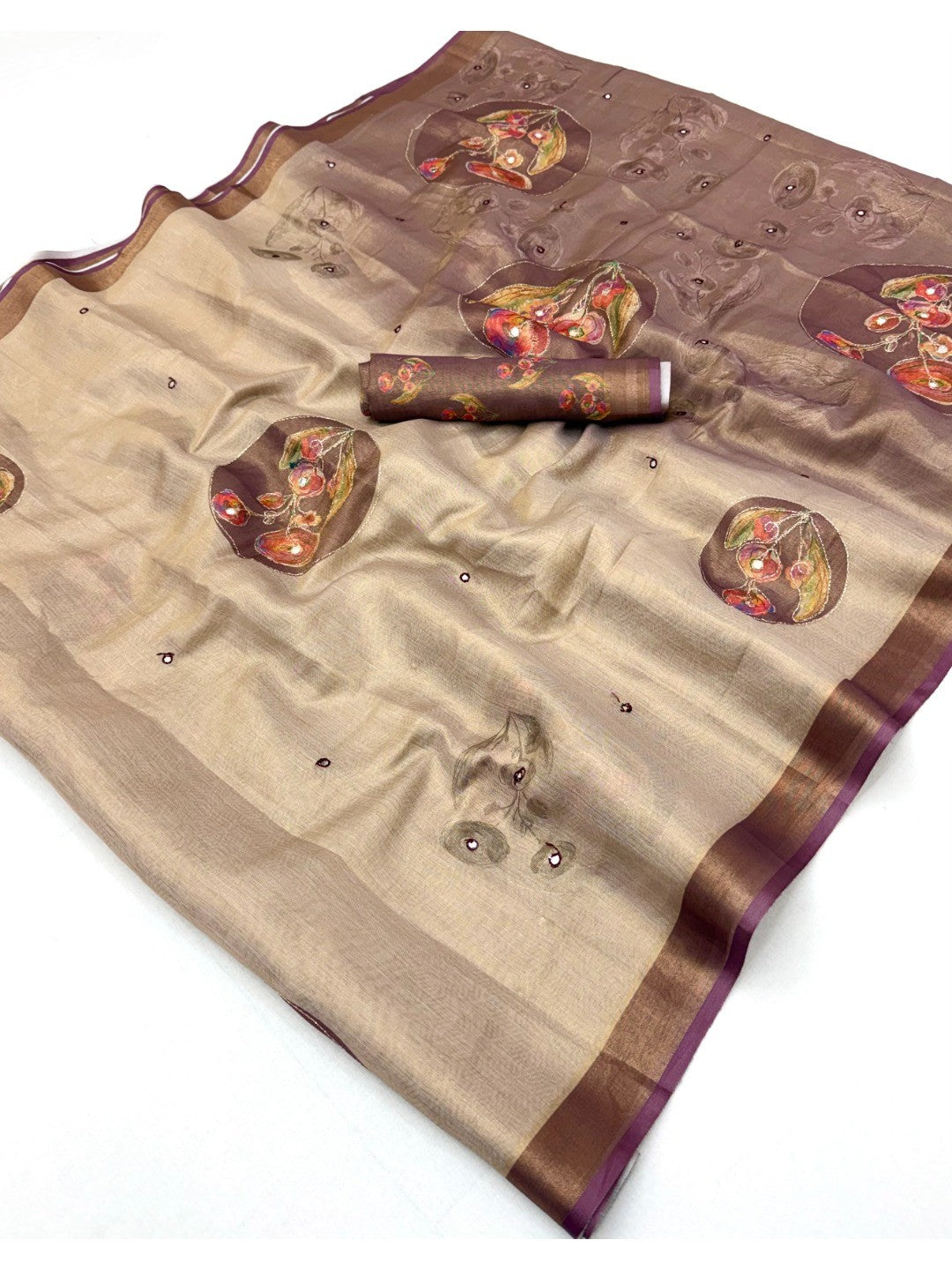 Beige Cotton Blend Saree with Wine Floral Pattern Ethnic Wear - Image 2