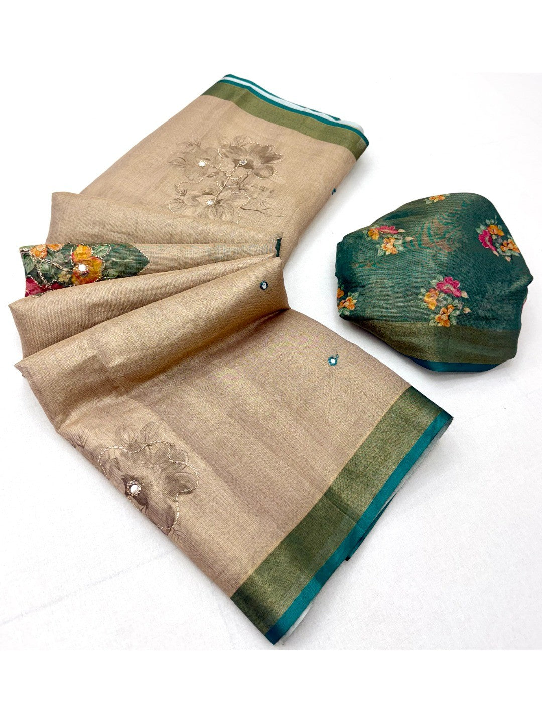 Beige Cotton Blend Saree with Rama Green Floral Pattern Ethnic Wear - Image 2