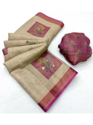Beige Cotton Blend Saree with Pink Floral Pattern Ethnic Wear - Image 2