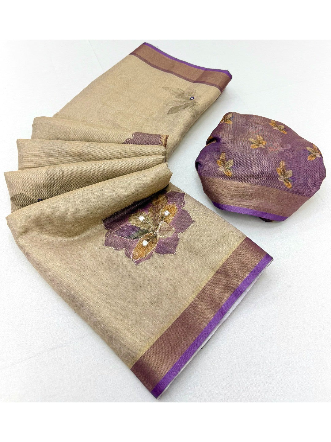 Beige Cotton Blend Saree with Purple Floral Pattern Ethnic Wear - Image 3