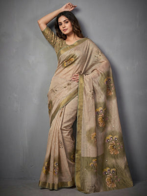 Beige Cotton Blend Saree with Green Floral Pattern Ethnic Wear - Image 1