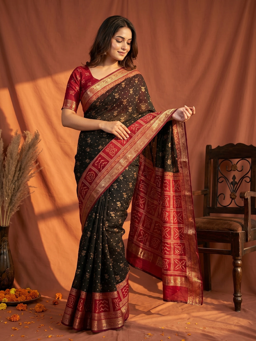 Elegant Black Viscose Saree with Bandhani Print and Jacquard Border - Image 1
