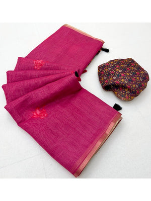 Pink Floral Printed Linen Lightweight Saree Elegant Everyday Ethnic Wear - Image 2