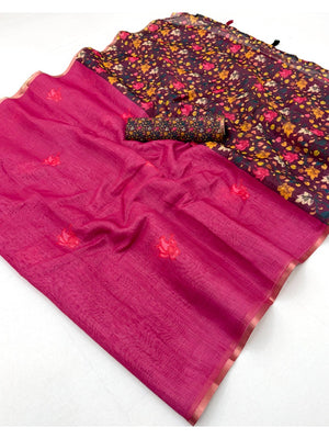 Pink Floral Printed Linen Lightweight Saree Elegant Everyday Ethnic Wear - Image 2