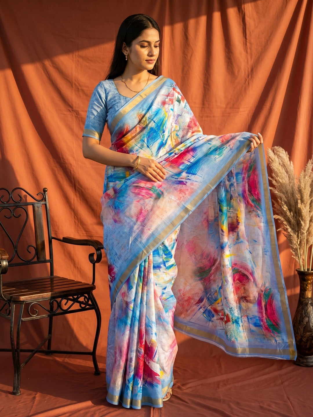 Multicolor Digital Print Dola Silk Saree with Zari Border - Image 1