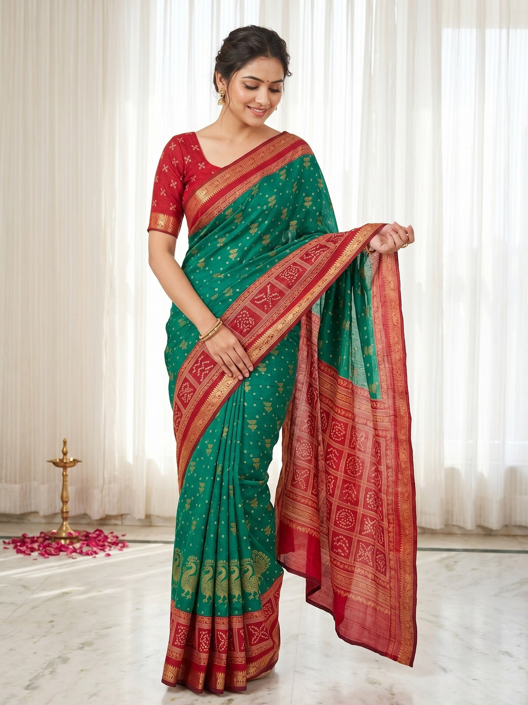 Elegant Rama Green Viscose Saree with Bandhani Print and Jacquard Border - Image 1