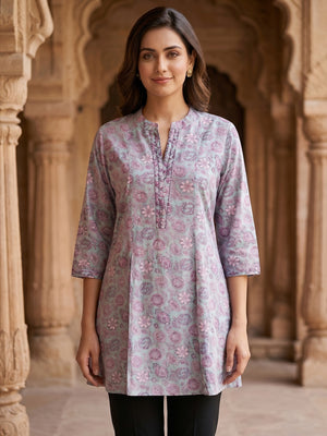 Aqua Blue Floral Printed A Line Muslin Top Trendy Comfortable Outfit - Image 1
