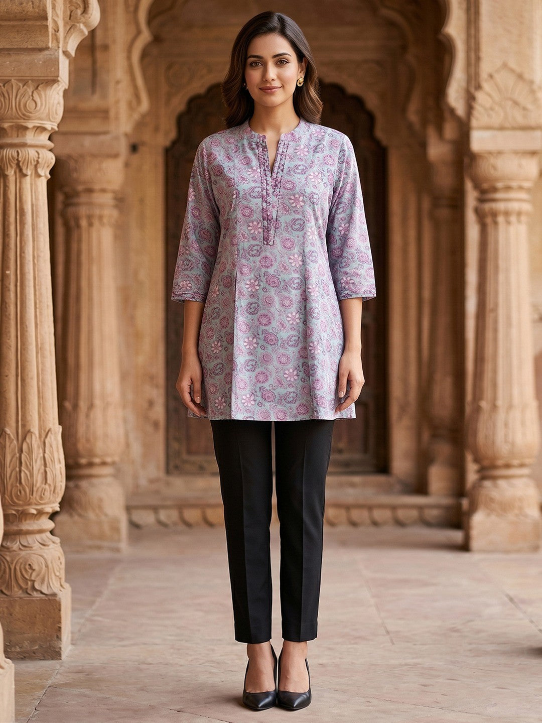 Aqua Blue Floral Printed A Line Muslin Top Trendy Comfortable Outfit - Image 5