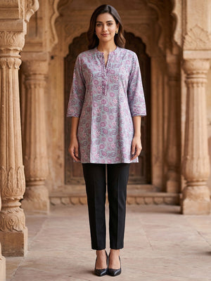 Aqua Blue Floral Printed A Line Muslin Top Trendy Comfortable Outfit - Image 2