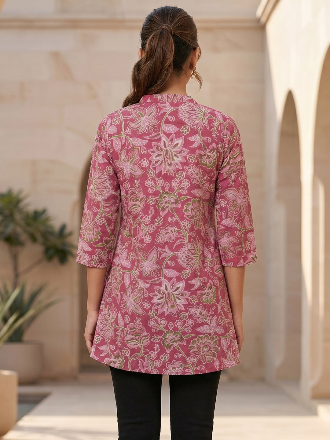 Pink Floral Printed Pure Cotton A-Line Casual Top - Image 3