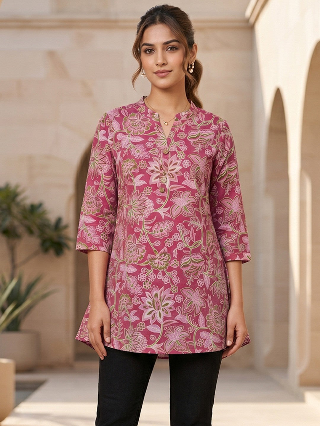 Pink Floral Printed Pure Cotton A-Line Casual Top - Image 1