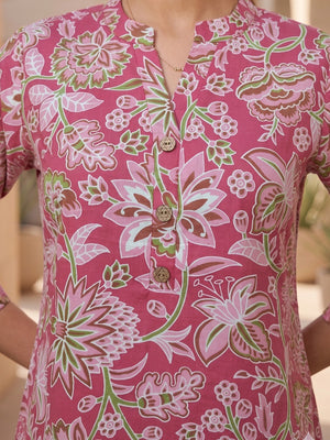 Pink Floral Printed Pure Cotton A-Line Casual Top - Image 2