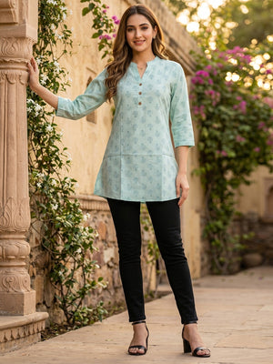 Sea Green Floral Printed Pure Cotton A-Line Casual Top - Image 2