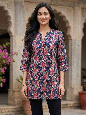 Navy Blue Floral Printed Pure Cotton A-Line Casual Top - Image 1