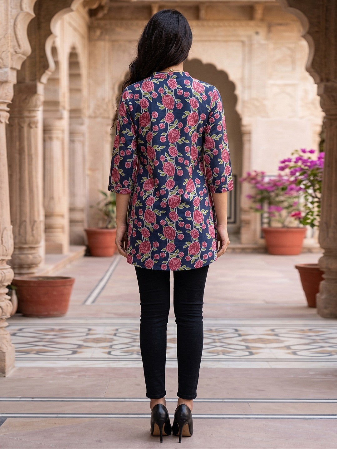 Navy Blue Floral Printed Pure Cotton A-Line Casual Top - Image 3