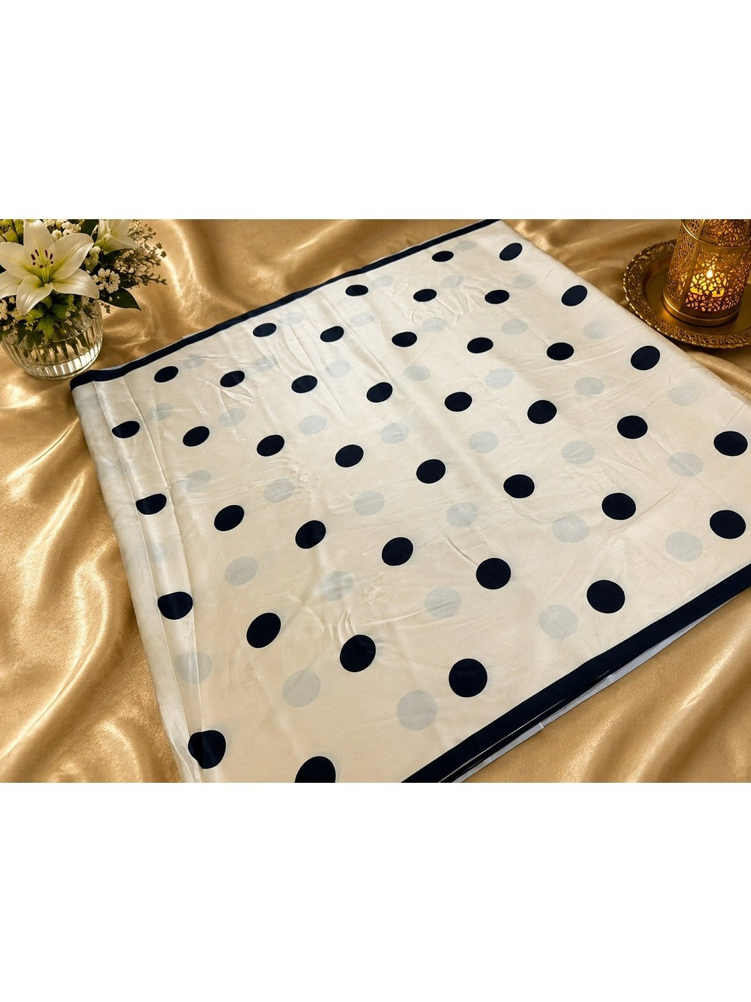 Classic Cream Polka Pattern Digital Printed Satin Saree for Timeless Elegance - Image 5