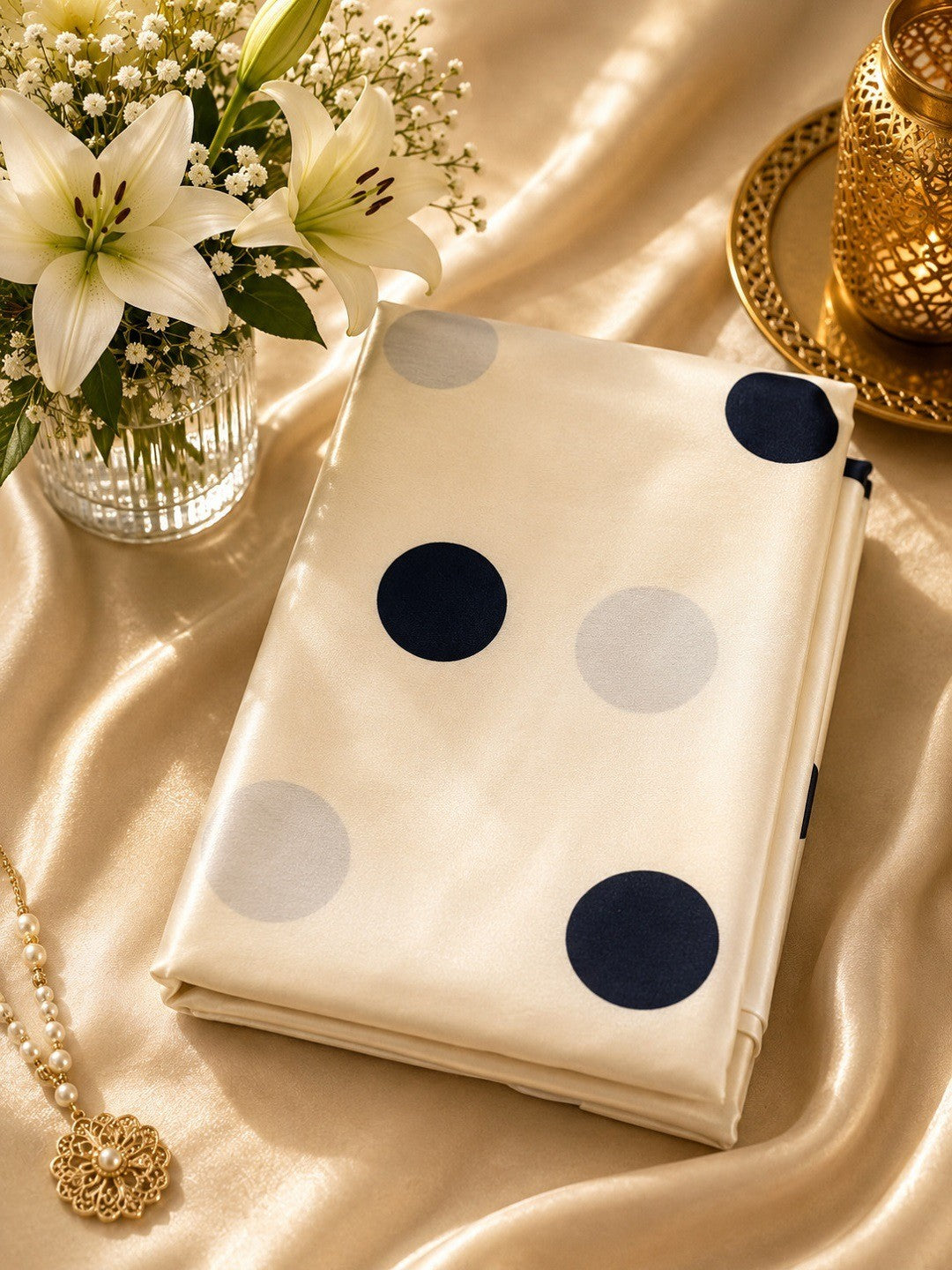 Classic Cream Polka Pattern Digital Printed Satin Saree for Timeless Elegance - Image 7