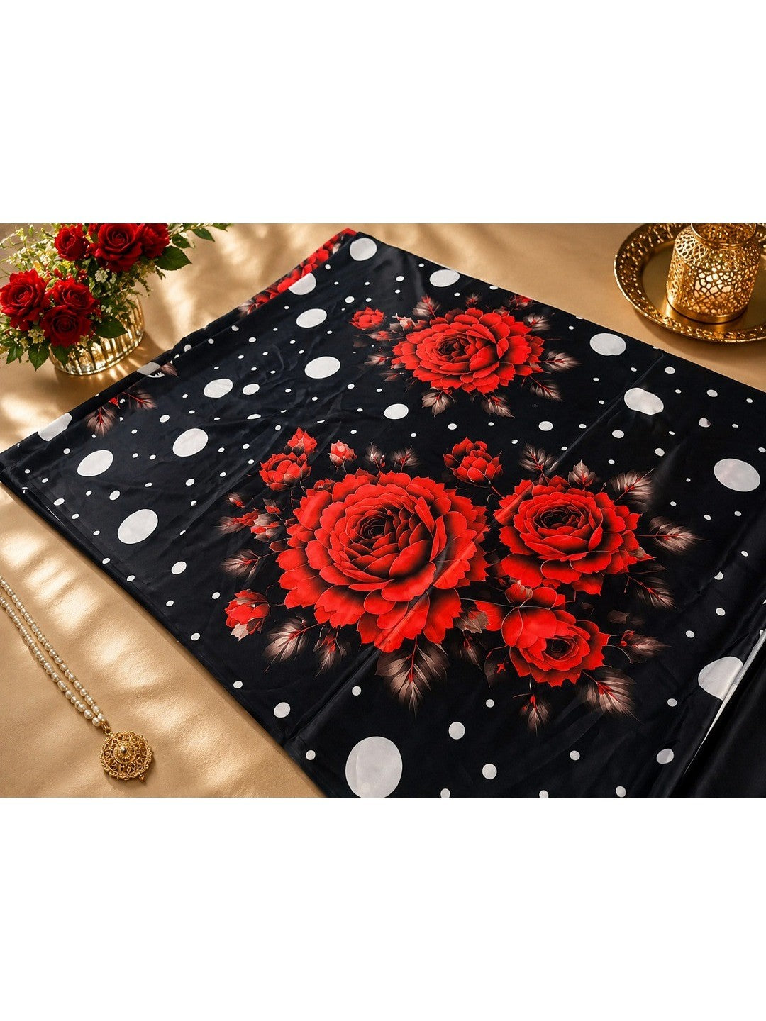 Graceful Cream Floral & Polka Dot Digital Printed Satin Saree with Artistic Print Work - Image 5