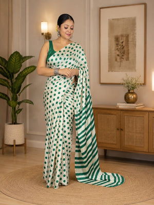 Classic Green & White Polka Printed Silk Crepe Saree Featuring Striped Pallu Design - Image 1