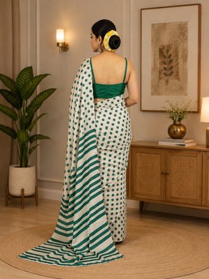 Classic Green & White Polka Printed Silk Crepe Saree Featuring Striped Pallu Design - Image 2