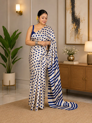 Classic Navy Blue & White Polka Printed Silk Crepe Saree Featuring Striped Pallu Design - Image 1