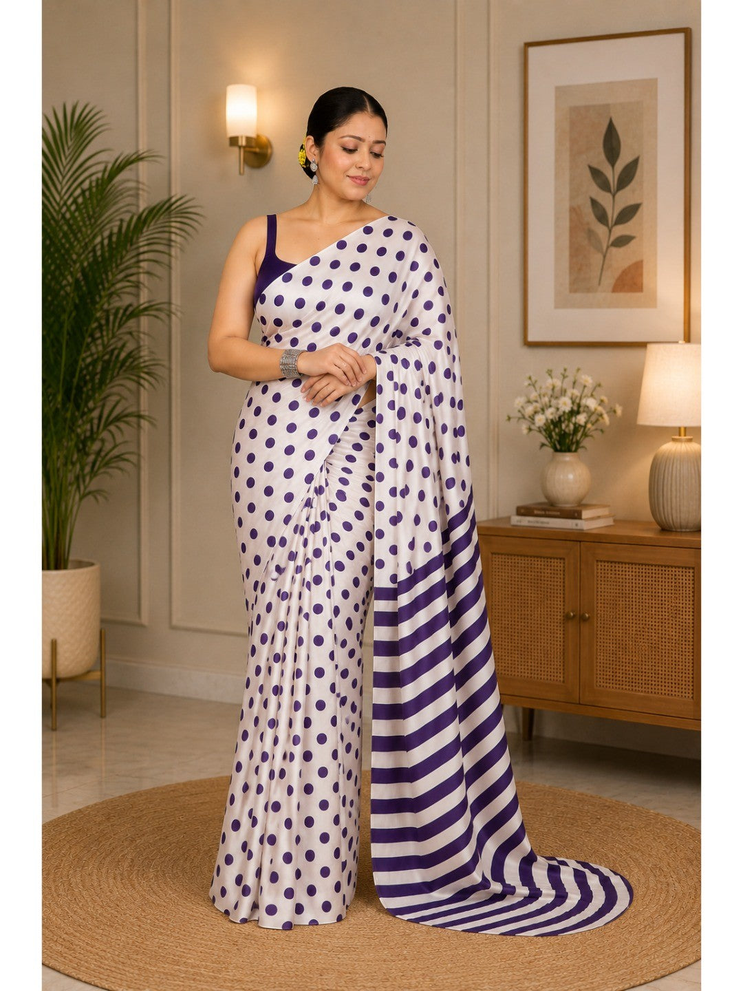 Classic Purple & White Polka Printed Silk Crepe Saree Featuring Striped Pallu Design - Image 1