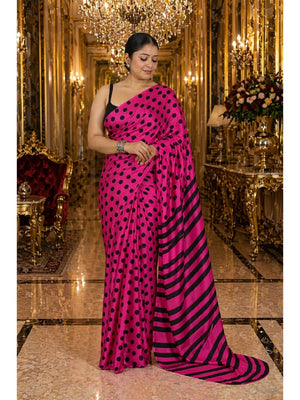 Classic Magenta Polka Printed Silk Crepe Saree Featuring Striped Pallu Design - Image 1