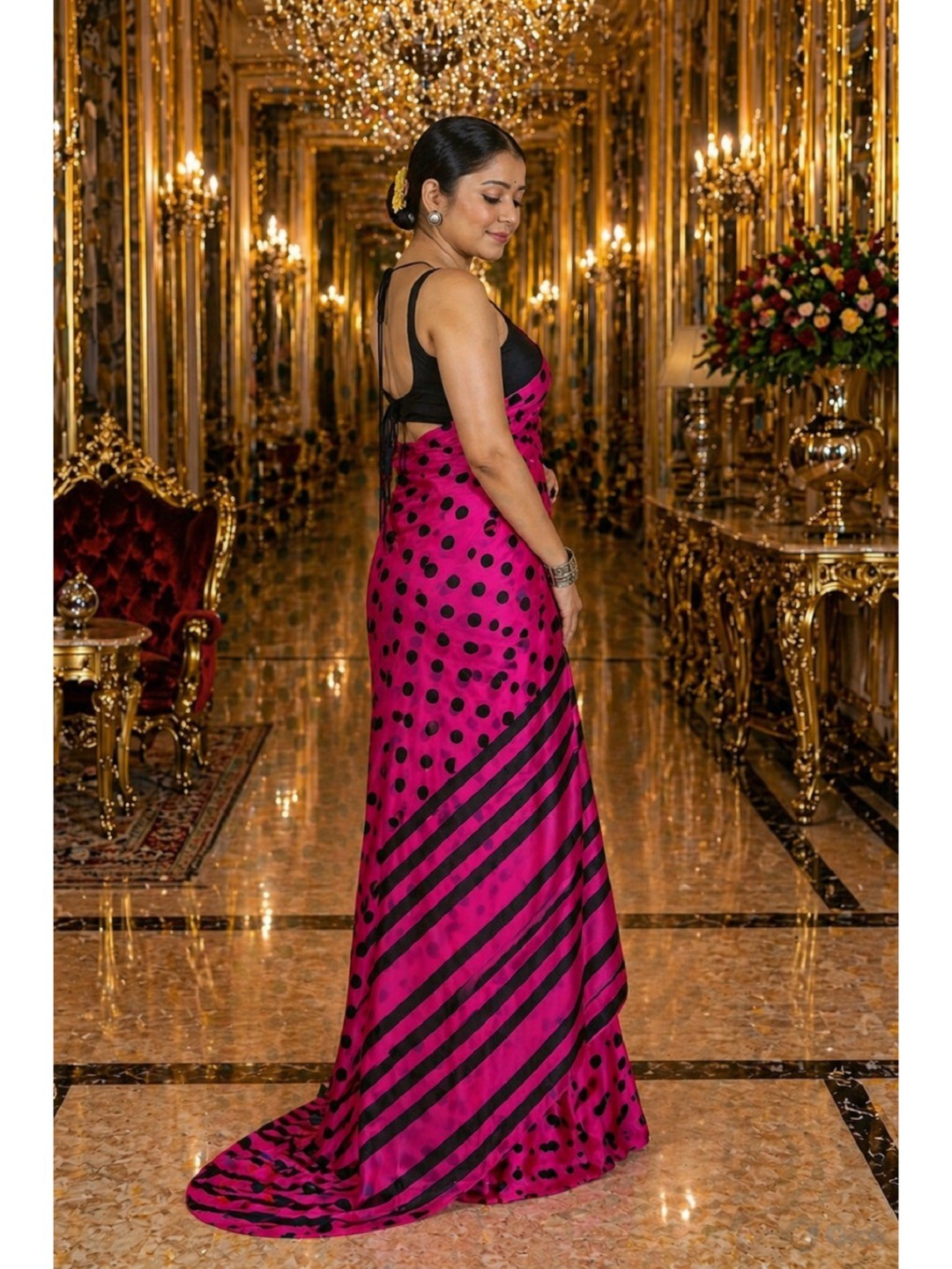 Classic Magenta Polka Printed Silk Crepe Saree Featuring Striped Pallu Design - Image 3