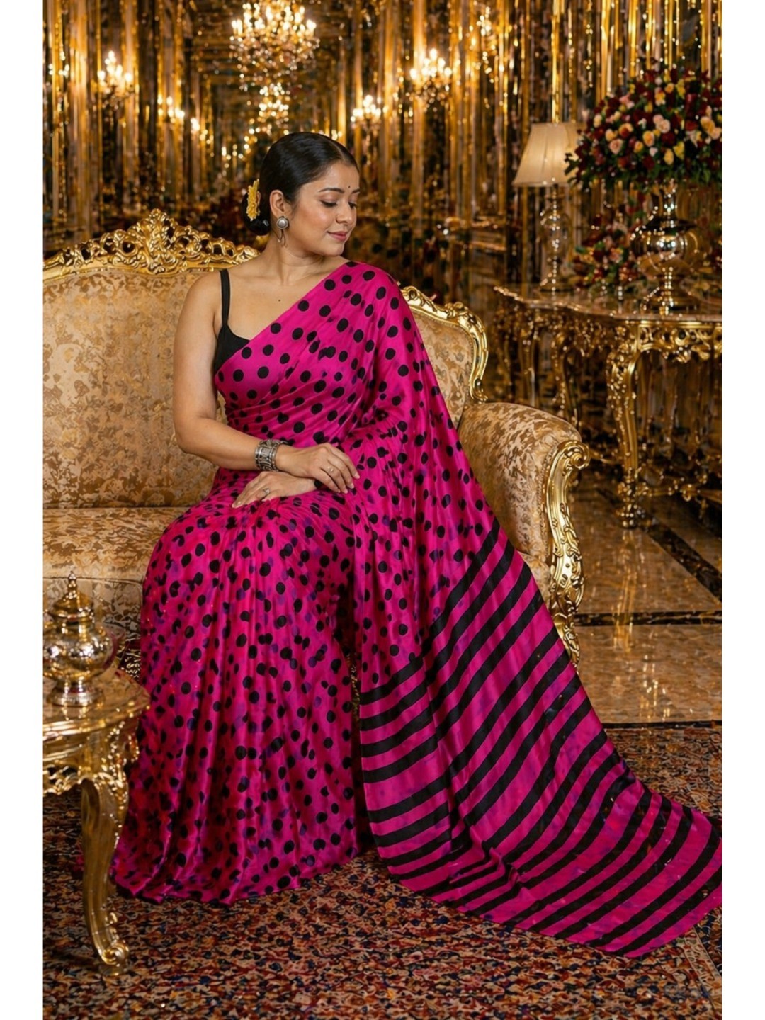 Classic Magenta Polka Printed Silk Crepe Saree Featuring Striped Pallu Design - Image 4