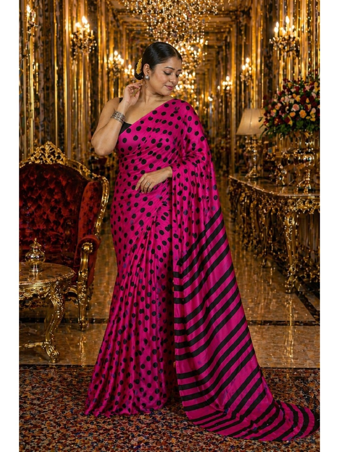 Classic Magenta Polka Printed Silk Crepe Saree Featuring Striped Pallu Design - Image 5