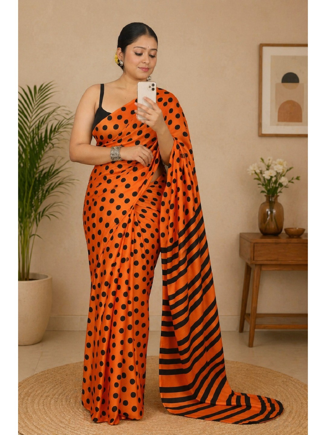 Classic Orange Polka Printed Silk Crepe Saree Featuring Striped Pallu Design - Image 1