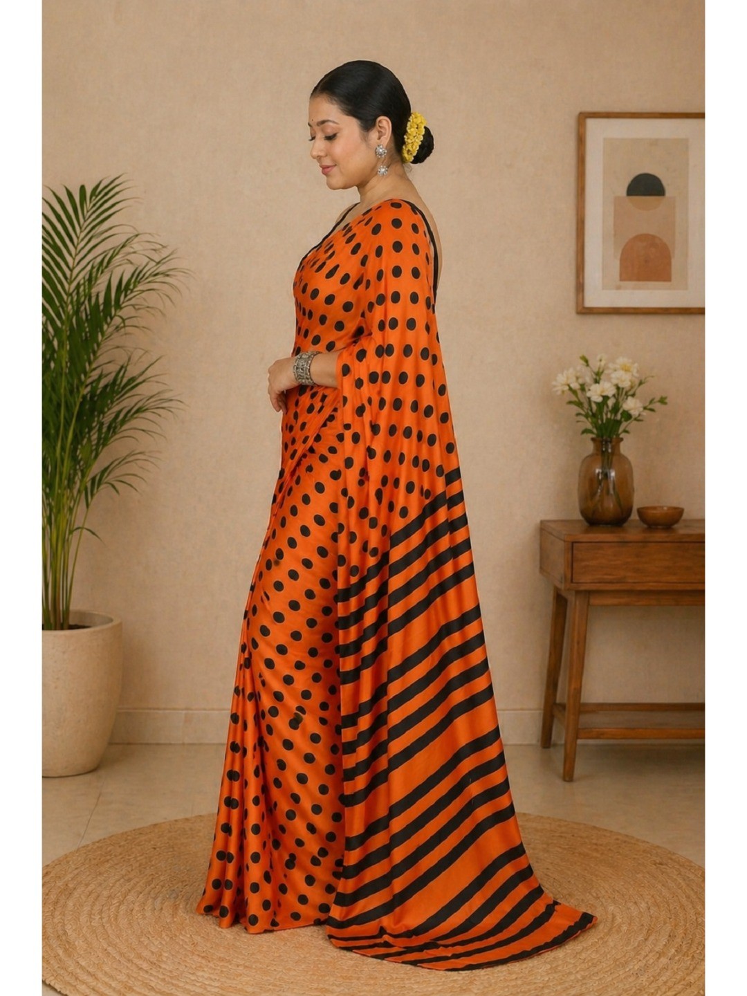 Classic Orange Polka Printed Silk Crepe Saree Featuring Striped Pallu Design - Image 3