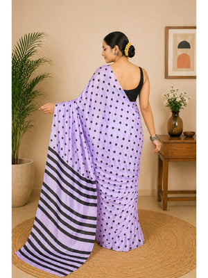 Classic Lavender Polka Printed Silk Crepe Saree Featuring Striped Pallu Design - Image 2