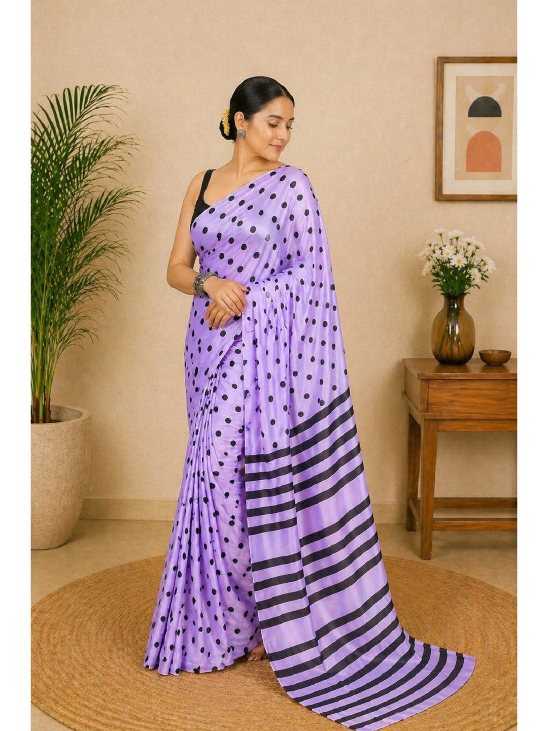 Classic Lavender Polka Printed Silk Crepe Saree Featuring Striped Pallu Design - Image 3