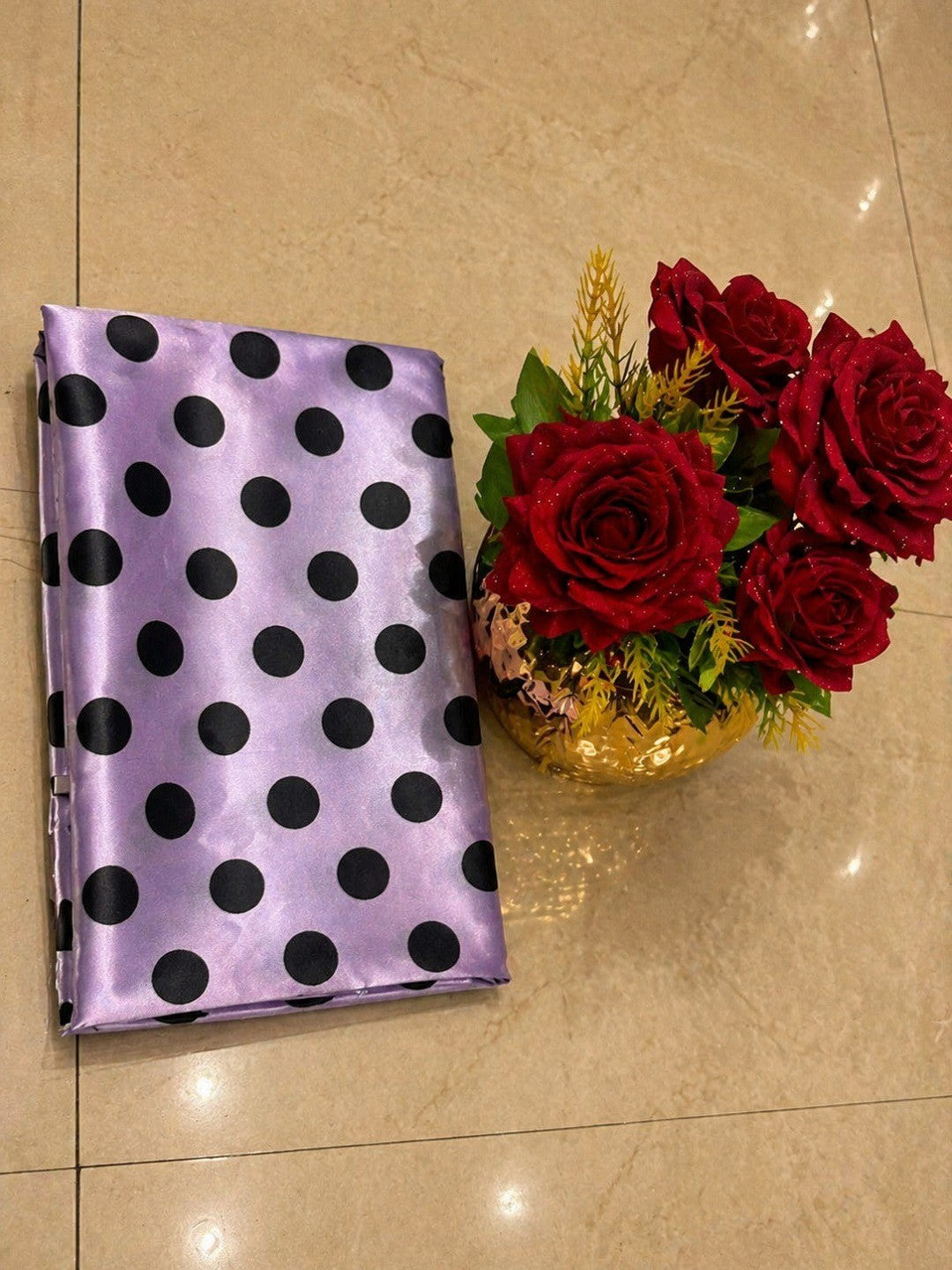 Classic Lavender Polka Printed Silk Crepe Saree Featuring Striped Pallu Design - Image 6