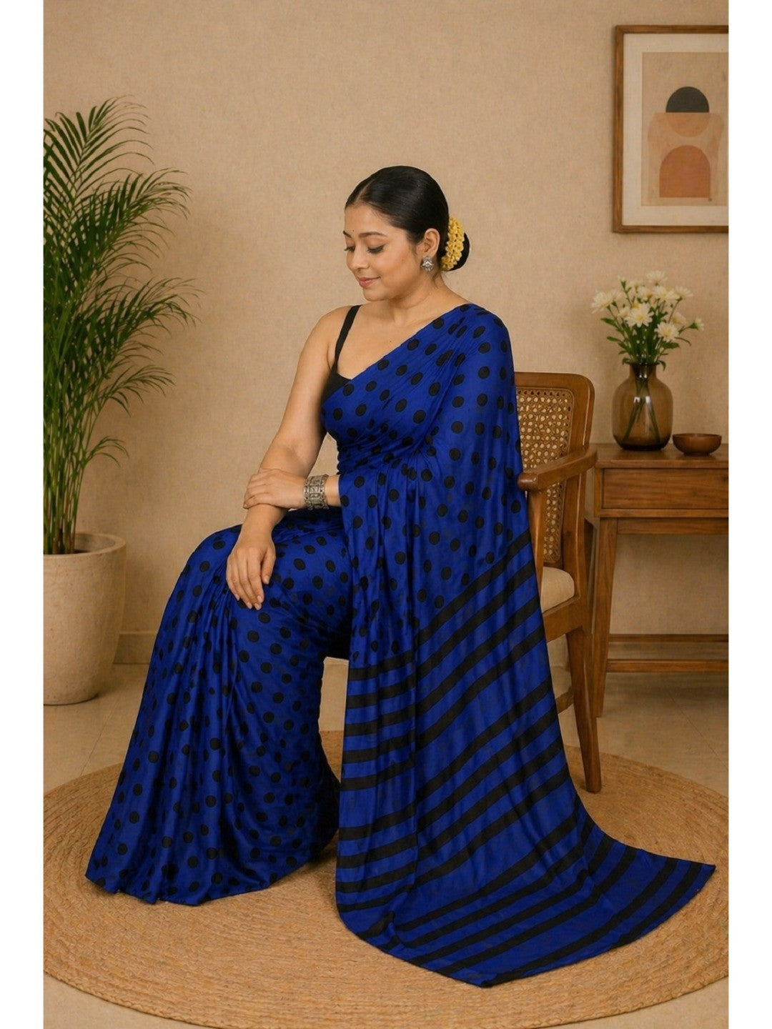 Classic Blue Polka Printed Silk Crepe Saree Featuring Striped Pallu Design - Image 4