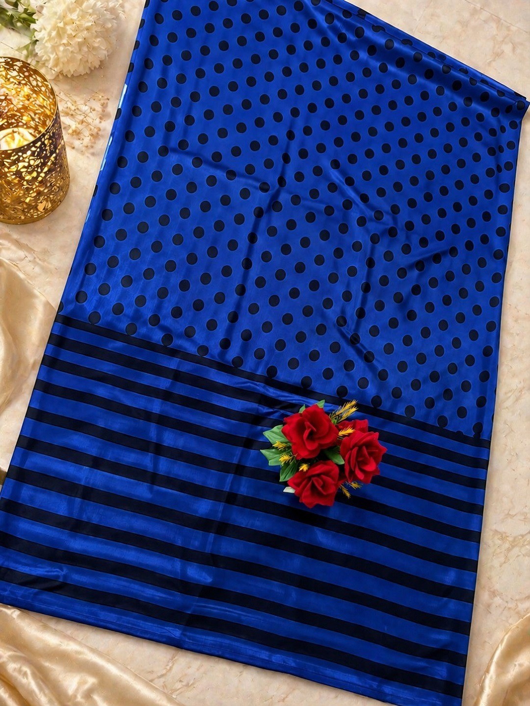 Classic Blue Polka Printed Silk Crepe Saree Featuring Striped Pallu Design - Image 5