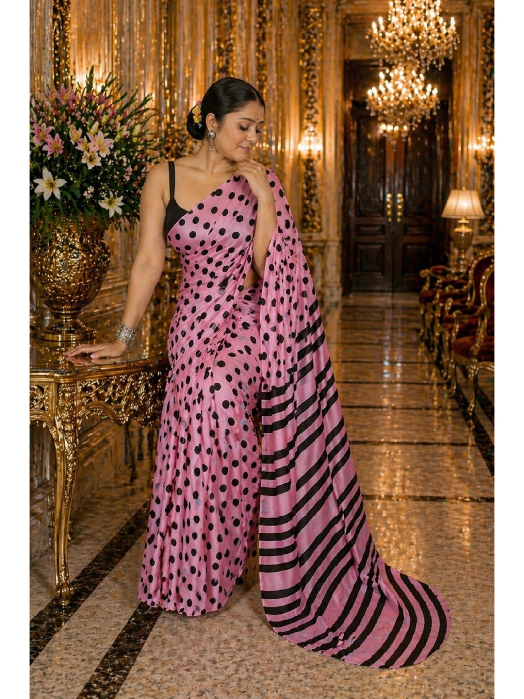 Classic Pink Polka Printed Silk Crepe Saree Featuring Striped Pallu Design - Image 5