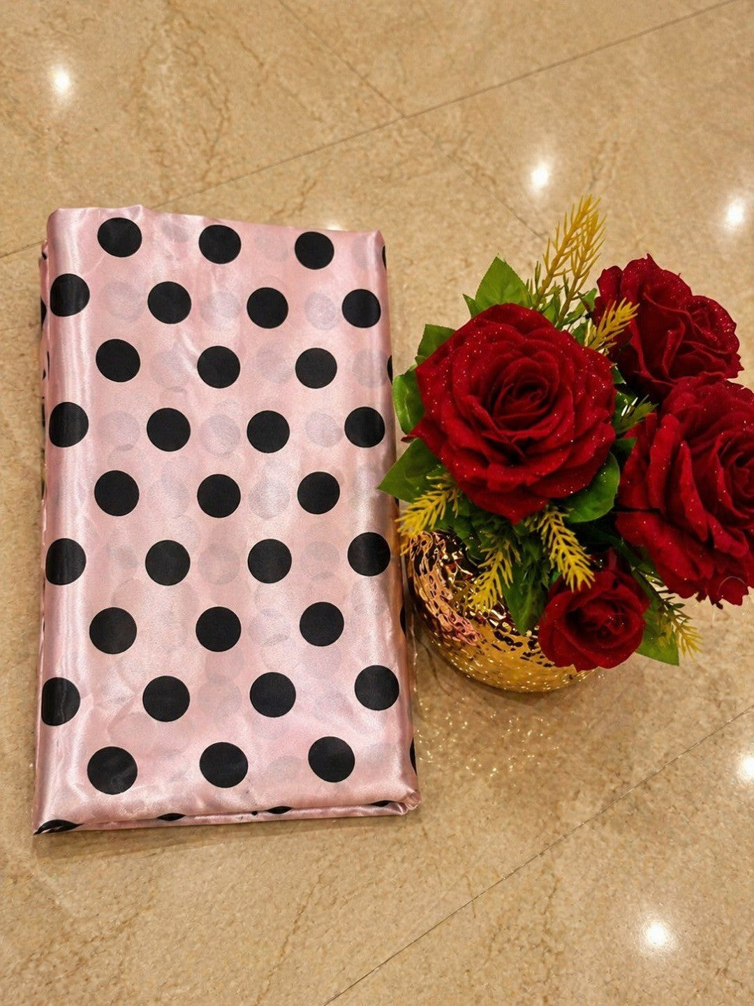 Classic Pink Polka Printed Silk Crepe Saree Featuring Striped Pallu Design - Image 6