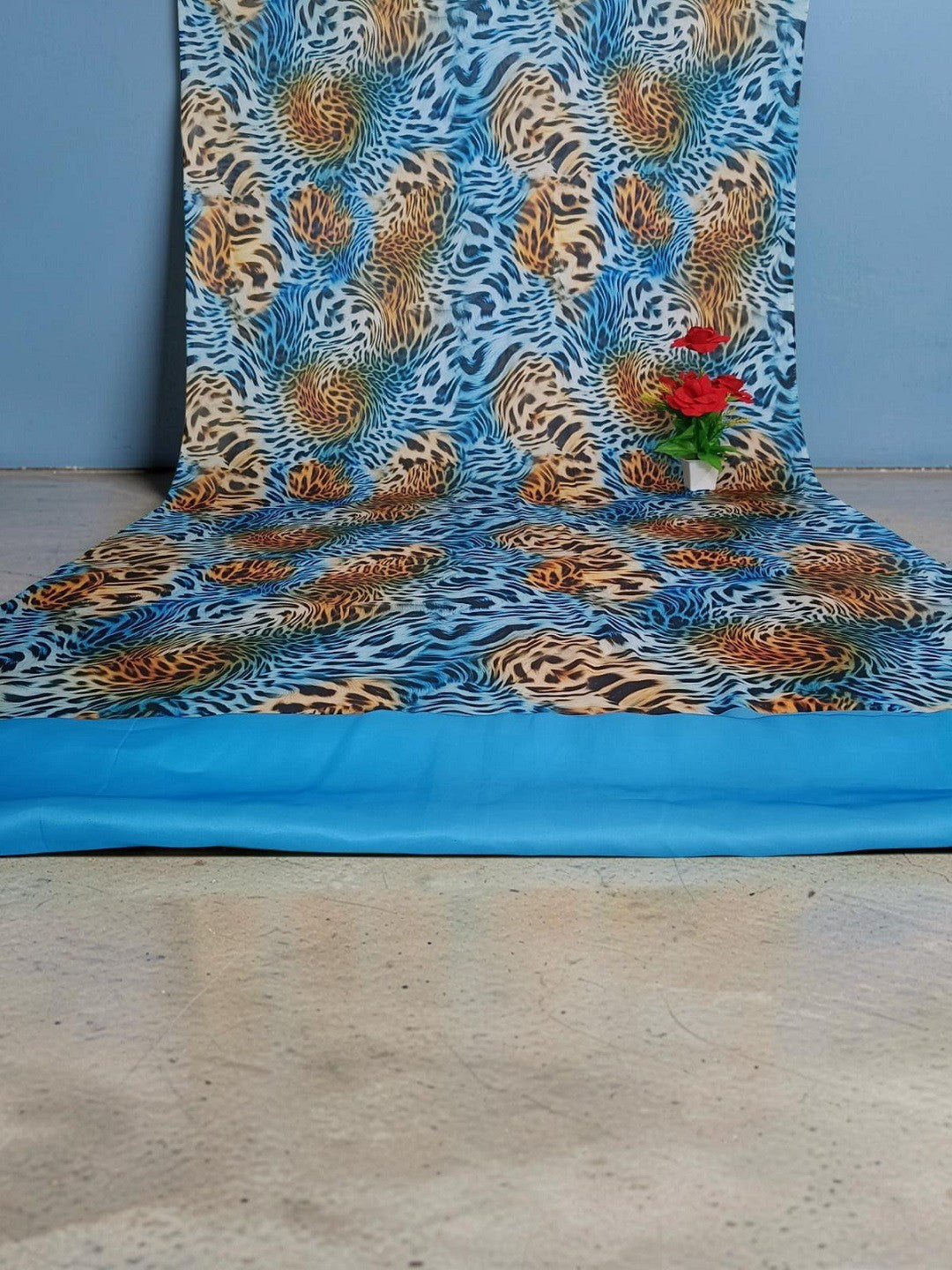 Blue Digital Print Satin Saree with Matching Blouse Piece - Image 2