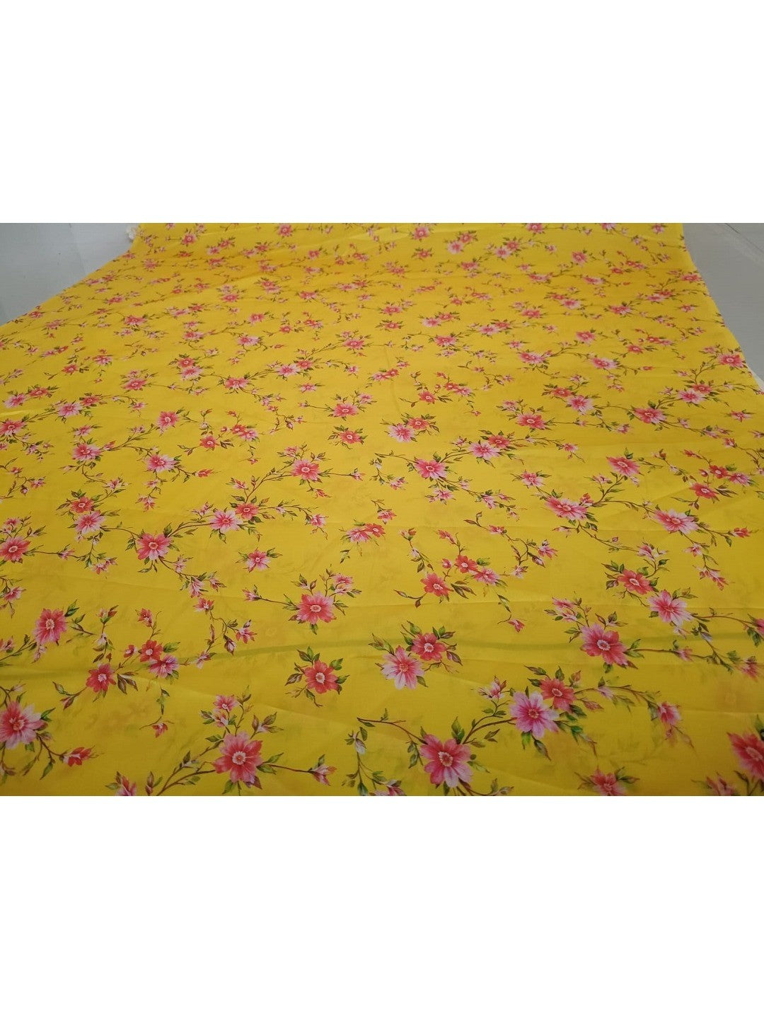 Yellow Satin Saree with Pink Floral Digital Print and Matching Blouse - Image 3