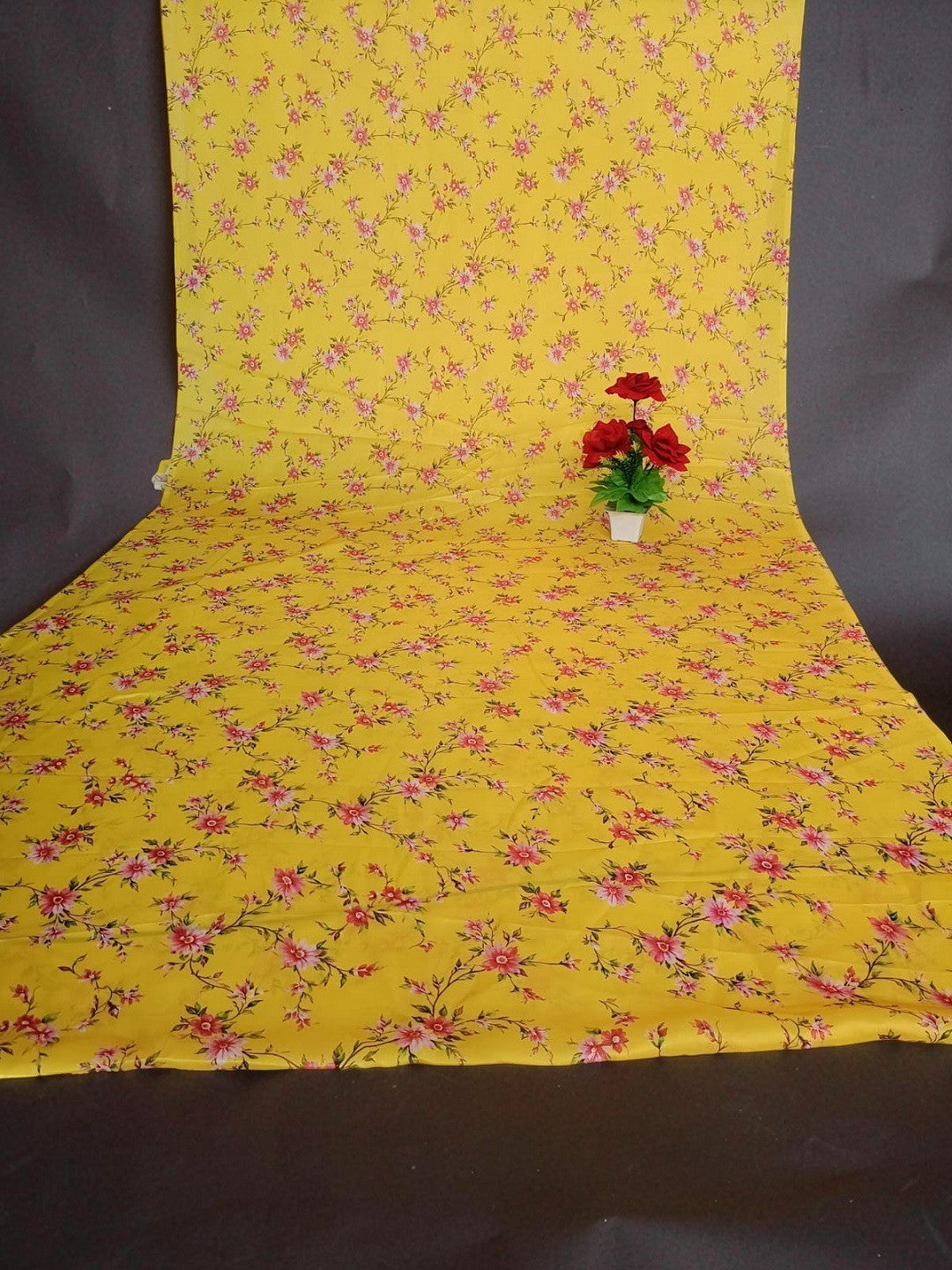 Yellow Satin Saree with Pink Floral Digital Print and Matching Blouse - Image 4