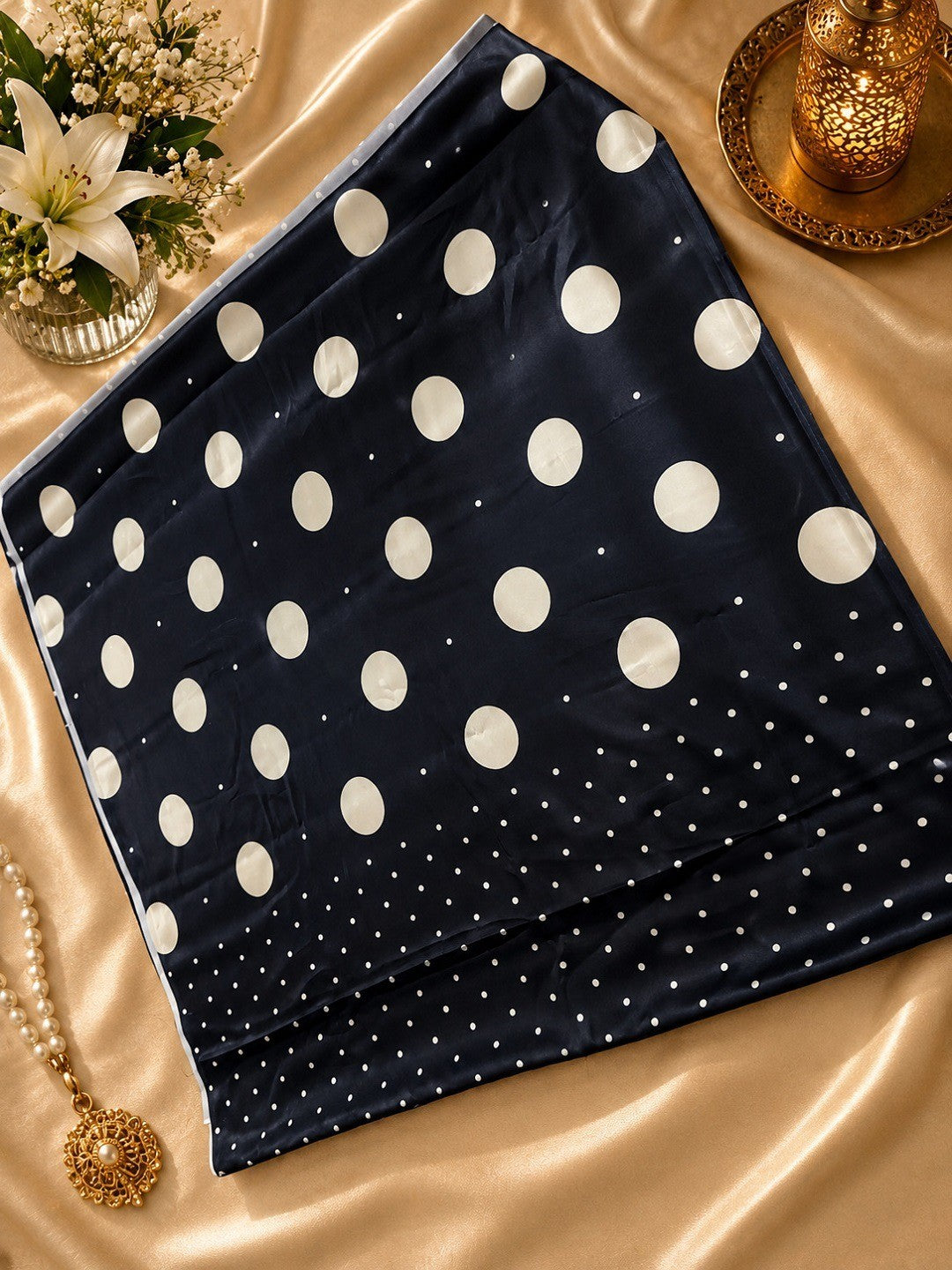 Sophisticated Black Polka Pattern Digital Printed Satin Saree With Premium Work - Image 5